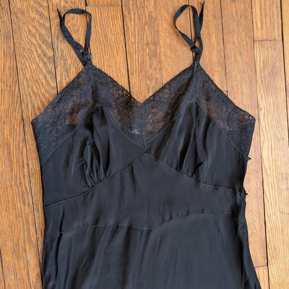 Vintage 50's 60's Black Bias Cut Lace Trim Slip Dress - Picture 2 of 8
